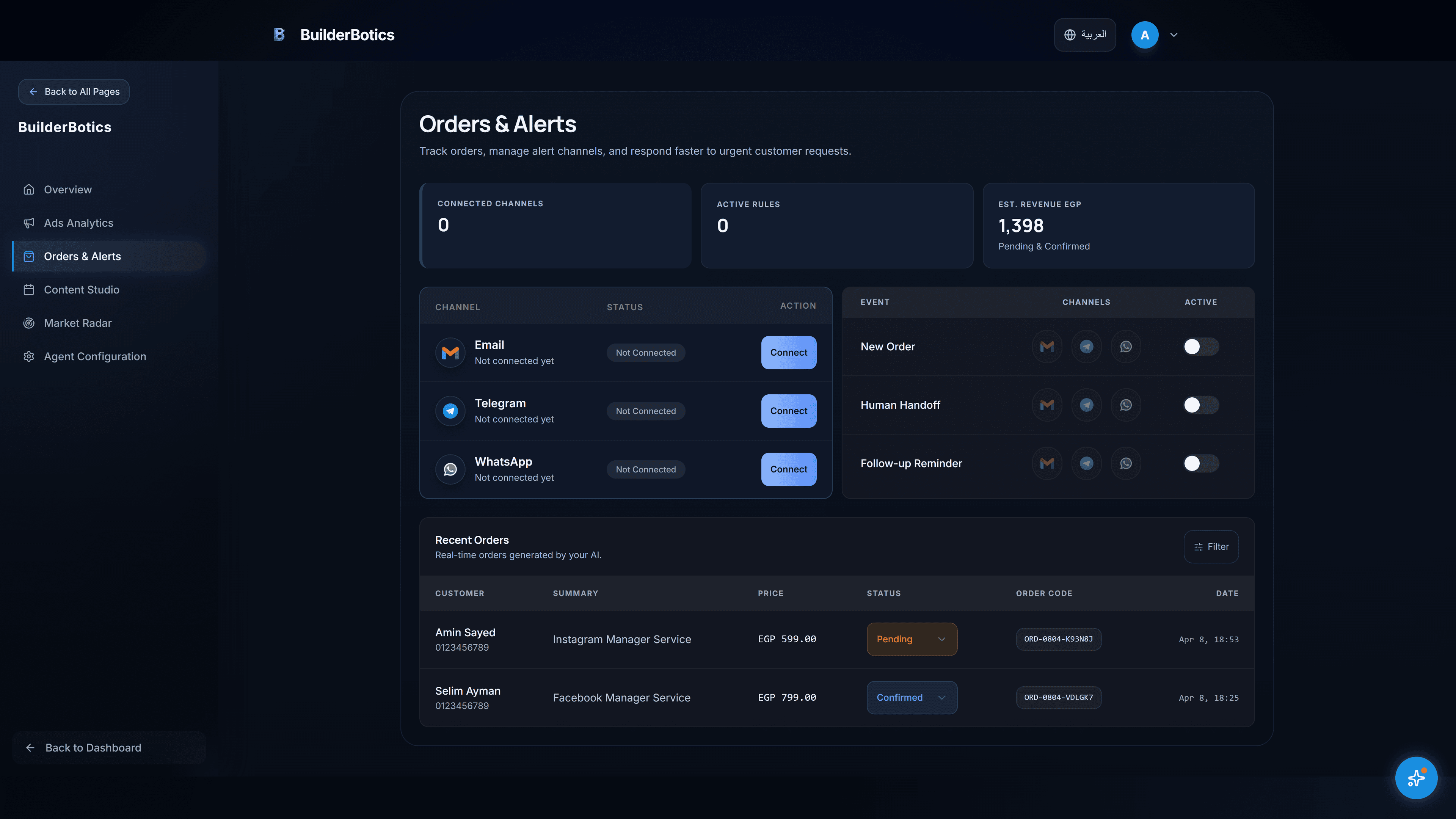 BuilderBotics orders and alerts dashboard with channels and operational notifications