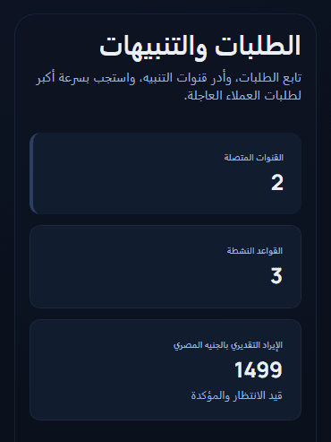 واجهة الطلبات والتنبيهات في BuilderBotics مع ملخص الطلبات والعمليات