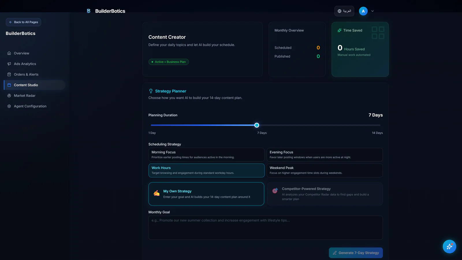 BuilderBotics Content Creator for planning, reviewing, and scheduling property content
