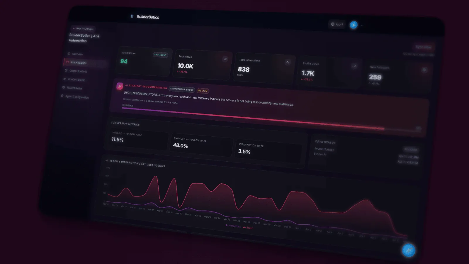 BuilderBotics performance view showing available page and account indicators